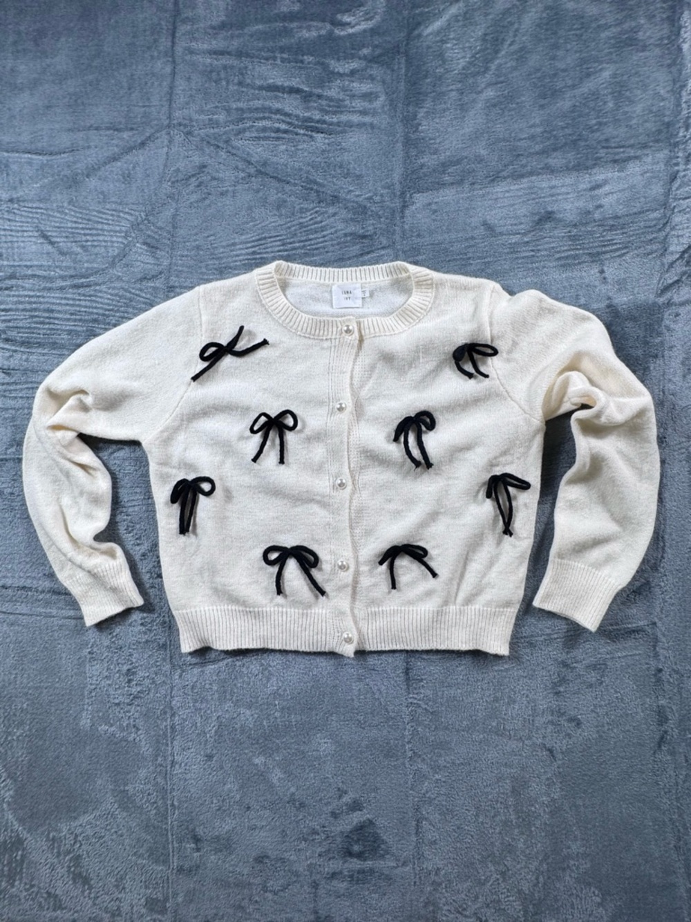 Luna Ivy Cream Bow Cardigan Pearl Button Cropped Knit Sweater Size S